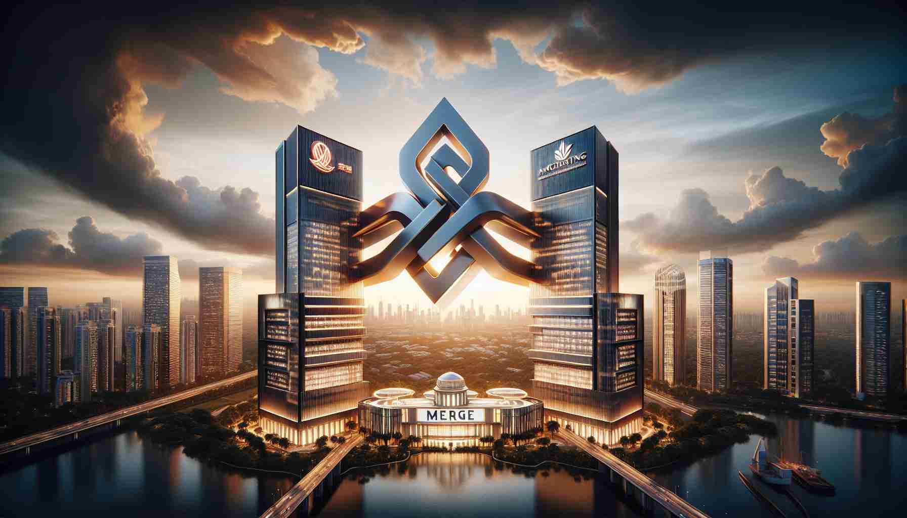 An illustration capturing a dramatic moment in the luxury real estate industry. Genre: Realism. On the foreground, two sleek modern skyscrapers representing two major real estate companies, standing tall amidst a city skyline. Each skyscraper adorned with respective corporate logos. A stylized, metallic 'merge' sign, resembling two intertwined arrows, is positioned between the buildings, symbolizing the merger. In the background, a sky teeming with dynamic clouds - possibly indicating the big changes. Ensure high-definition details, ample contrast, and vibrant colours for a striking impact.