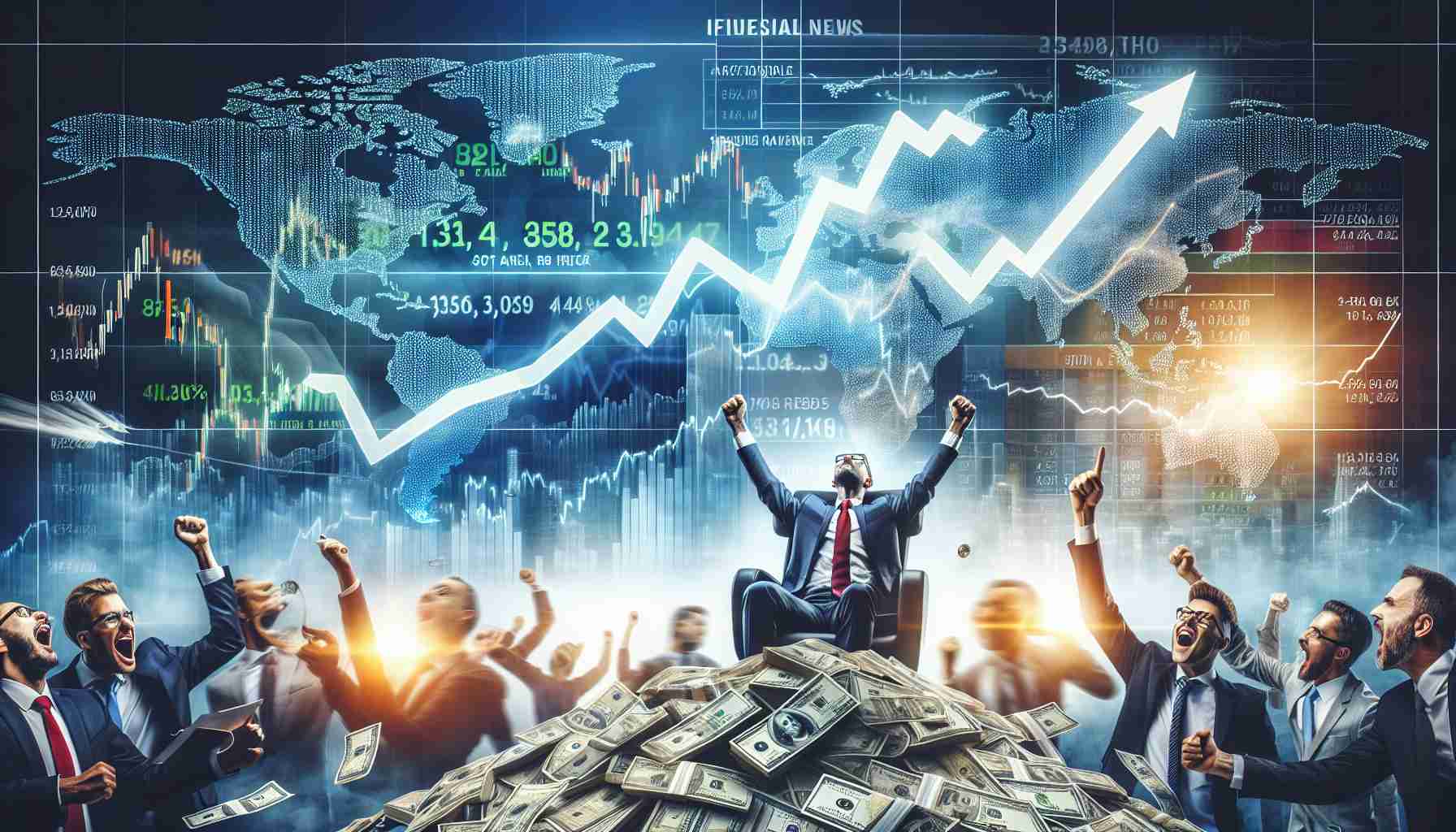 Create a highly detailed and realistic image portraying the concept of a dramatic rise in the stock market. Include elements such as a stock market graph with a sharp uptick, euphoric traders, and important financial news headlines in the background.