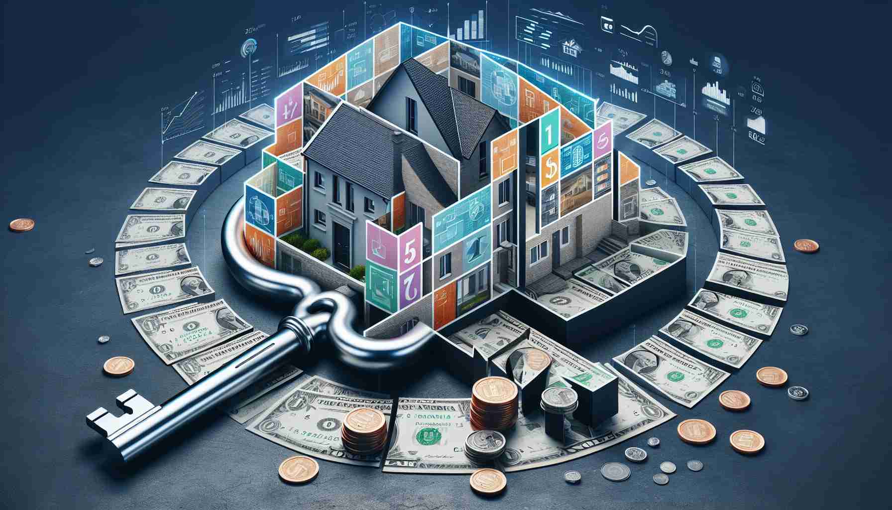 Generate a realistic, high definition image showing the concept of unlocking wealth through fractional real estate investments. The image could include a visual representation of a house divided into fractional pieces showing various owners. Also, it could incorporate wealth symbols like money or coins, and a large key to represent unlocking potential. Include a bold, attention-grabbing title that reads: 'Unlock Real Estate Wealth with Fractional Investments! Don't Miss Out!'. The visual representation should be clear and concise to attract potential investors.