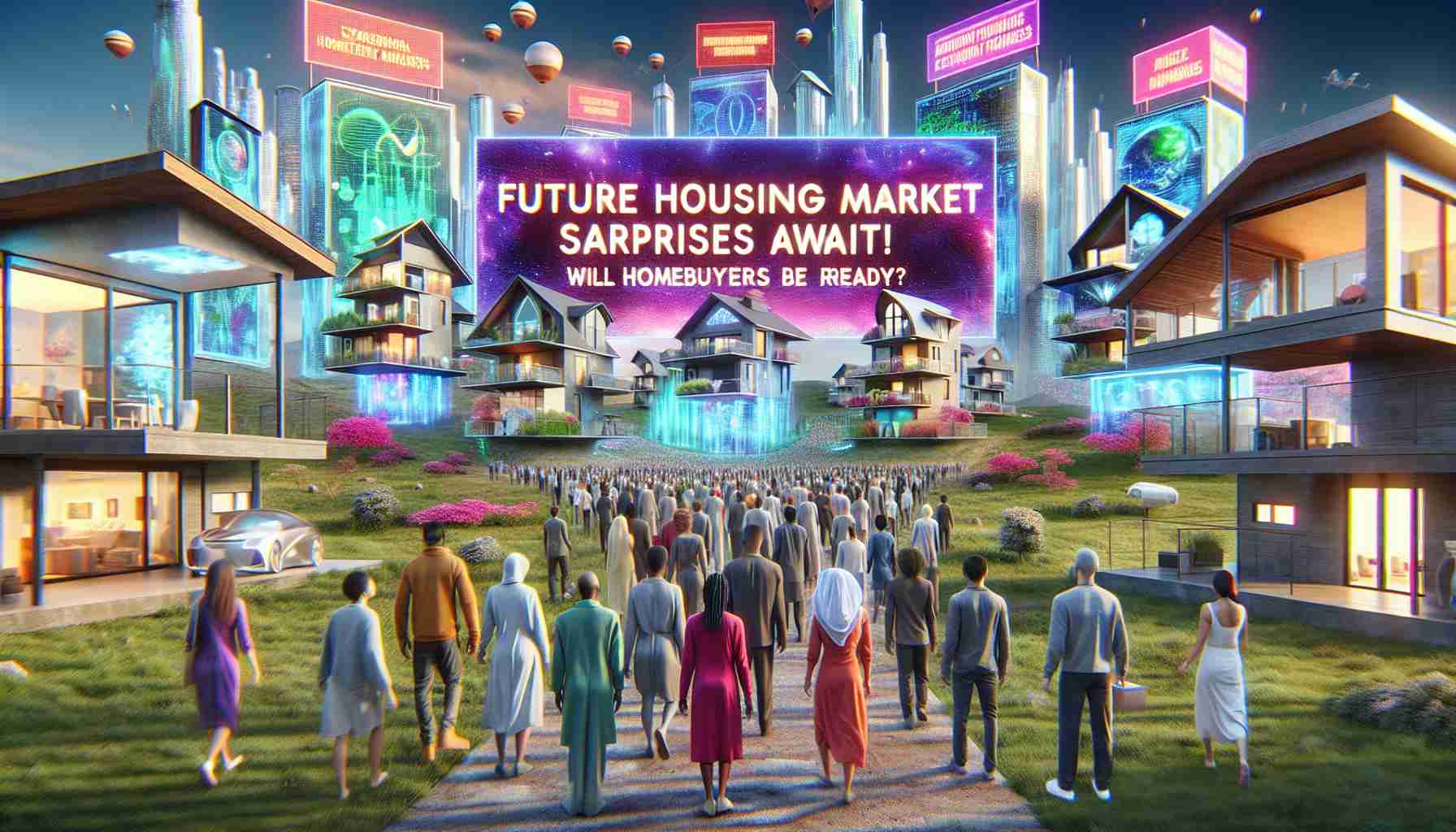 A highly-detailed and realistic image depicting the concept of future housing market surprises. The scenery includes a vibrant neighborhood with extraordinary futuristic houses displaying advanced technologies and sustainable designs. Across the scene, prospective homebuyers of various descents and genders approach, reflecting a mix of emotions: awe, confusion, and readiness. These diverse individuals represent Caucasian, Hispanic, Black, Middle-Eastern, and South Asian descent. All of this under a sky filled with holographic billboards, one of which dramatically proclaims in bold, ruby letters: 'Future Housing Market Surprises Await! Will Homebuyers Be Ready?'