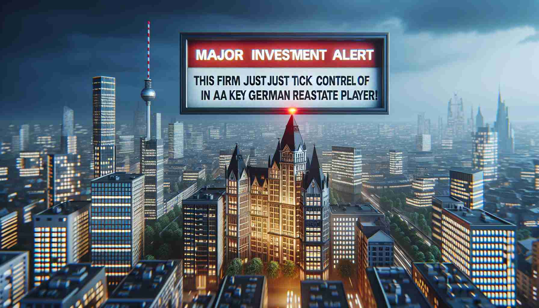 Realistic high-definition image of a headline or newsflash stating 'Major Investment Alert! This Firm Just Took Control of a Key German Real Estate Player!' with the backdrop of a bustling city skyline with modern buildings