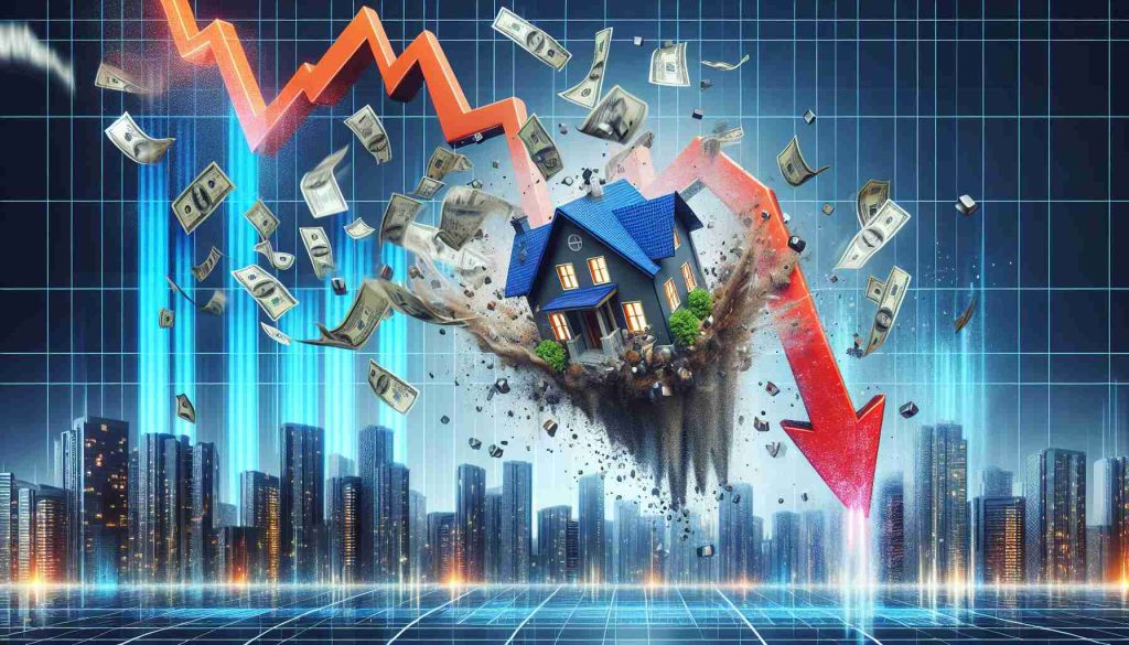 Generate a high resolution, realistic image that symbolizes real estate market turmoil, represented by the plunge of a fictional company, H&R Real Estate, to its lowest point. The image could feature elements such as falling charts, real estate icons in distress, or other visual metaphors for market downturns. Also include a visual suggestion of urgency for investors, such as a digital news ticker conveying the need for immediate investor knowledge.