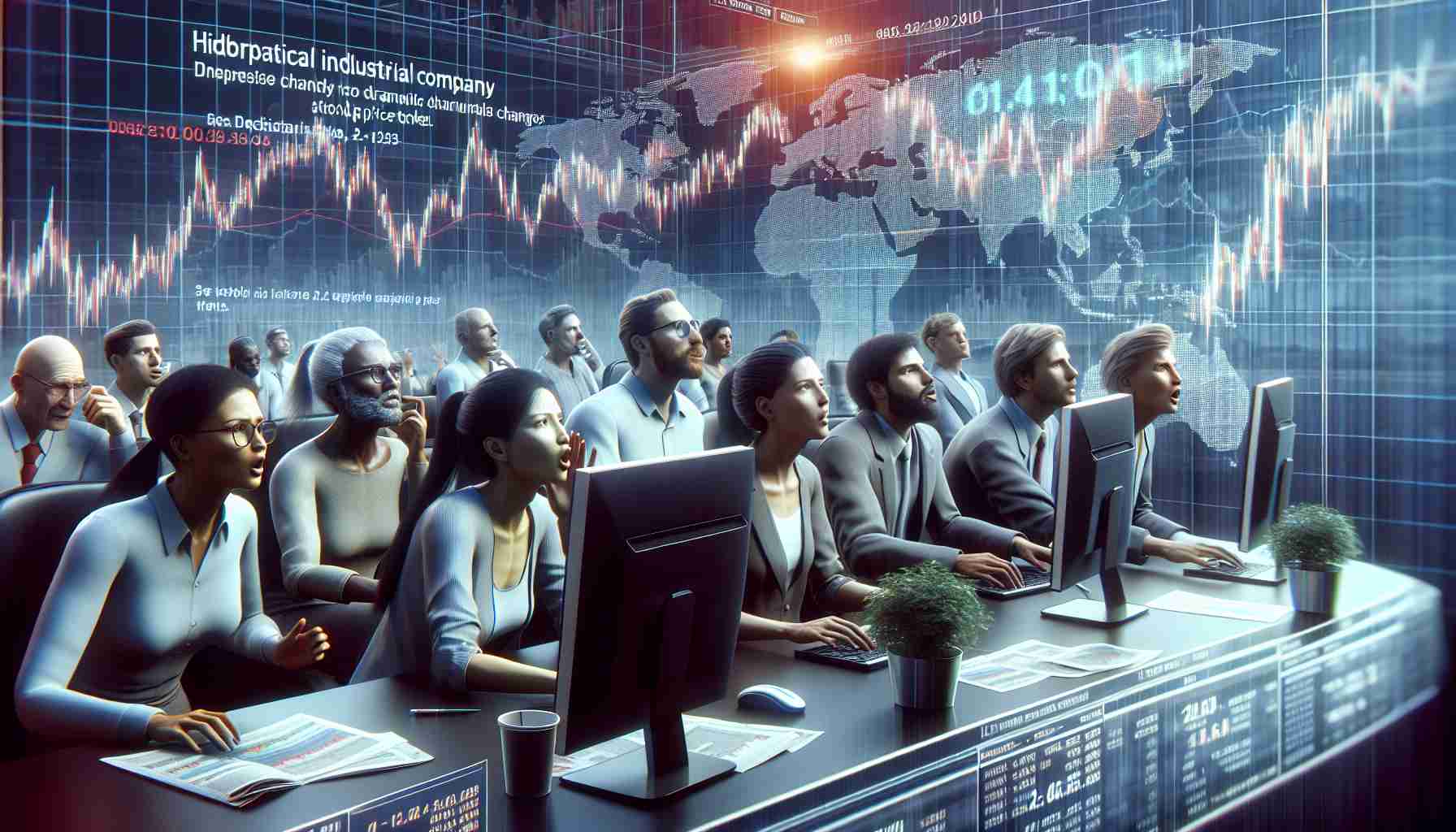 A realistic, high-definition image displaying a scene of people working in the finance sector. In this representation, diverse individuals express various reactions to dramatic changes in a hypothetical industrial company's stock price target. These individuals should have a broad range of physical and cultural characteristics, reflecting global diversity. The image would also include visual elements to signify the financial world including computers displaying stock price graphs and possibly a news ticker displaying related headlines.