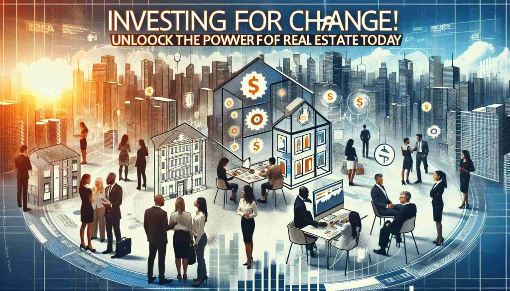 Imagery illustrating the concept of 'Investing for Change! Unlock the Power of Real Estate Today'. It should be a realistic, high-definition depiction of a diverse set of people of varying genders and descents such as Caucasian, Black, and Hispanic individuals, actively engaged in a dynamic real estate market. They should be visualized as reviewing market data, discussing business strategies, and examining property blueprints and models. The background could depict a bustling cityscape to signify the potential in real estate. The overall mood should convey optimism, empowerment, and progressive change through smart investments.