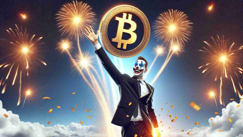 Realistic high-definition image of a Bitcoin icon flying up in the sky amid fireworks. The image signifies an upsurge in Bitcoin value, signaled by a surge in cryptocurrency support, represented by a symbolic figure of a politician with a painted grin, waving hand, and matching tie. Please note, the politician is generic and does not represent any specific public figure.