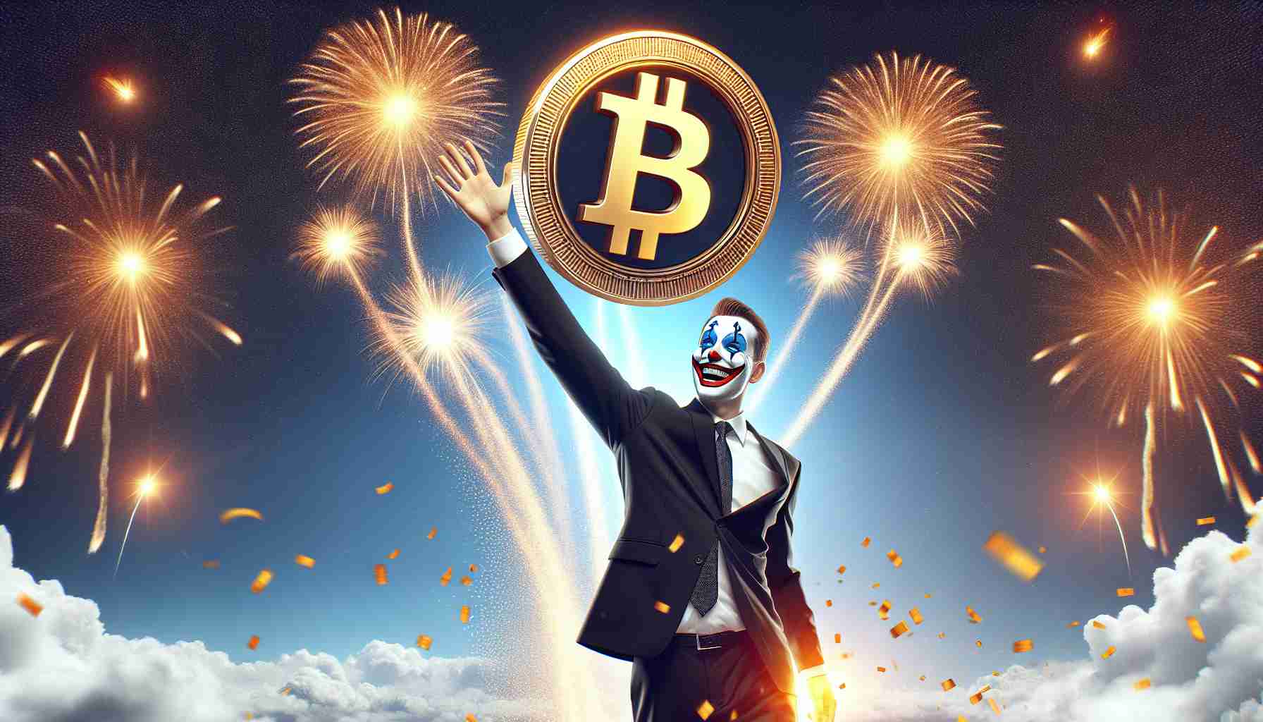 Realistic high-definition image of a Bitcoin icon flying up in the sky amid fireworks. The image signifies an upsurge in Bitcoin value, signaled by a surge in cryptocurrency support, represented by a symbolic figure of a politician with a painted grin, waving hand, and matching tie. Please note, the politician is generic and does not represent any specific public figure.