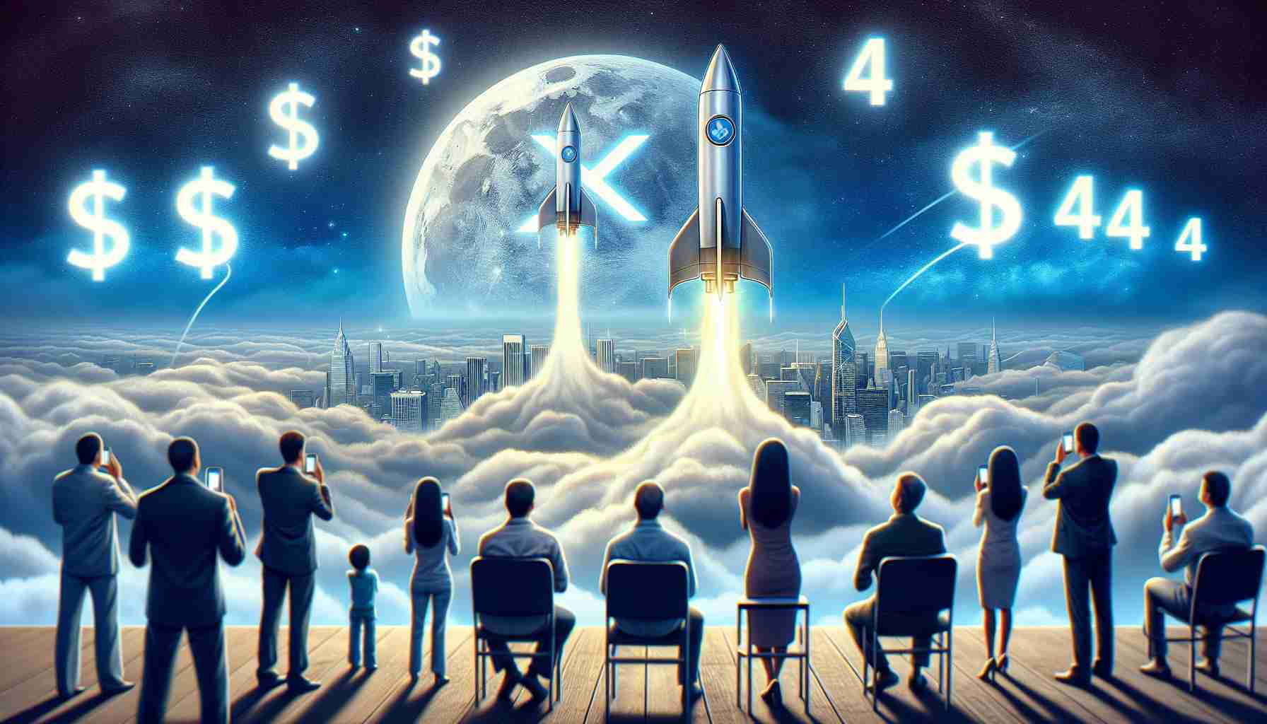 Realistic high-definition image displaying a visual metaphor for market growth. An illustrative representation of the XRP cryptocurrency, symbolized by a rocket climbing against a backdrop of the sky marked with the number '$4'. A group of people, representing investors, are carefully watching the scene with a mix of expressions like anticipation, consternation, and excitement.