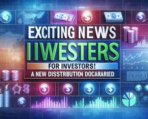 A High Definition realistic image displaying the headline 'Exciting News for Investors! A New Distribution Declared'. The headline is portrayed in bold, vibrant letters against a newsy background featuring symbols of economy and finance like stocks, currencies and graphs.