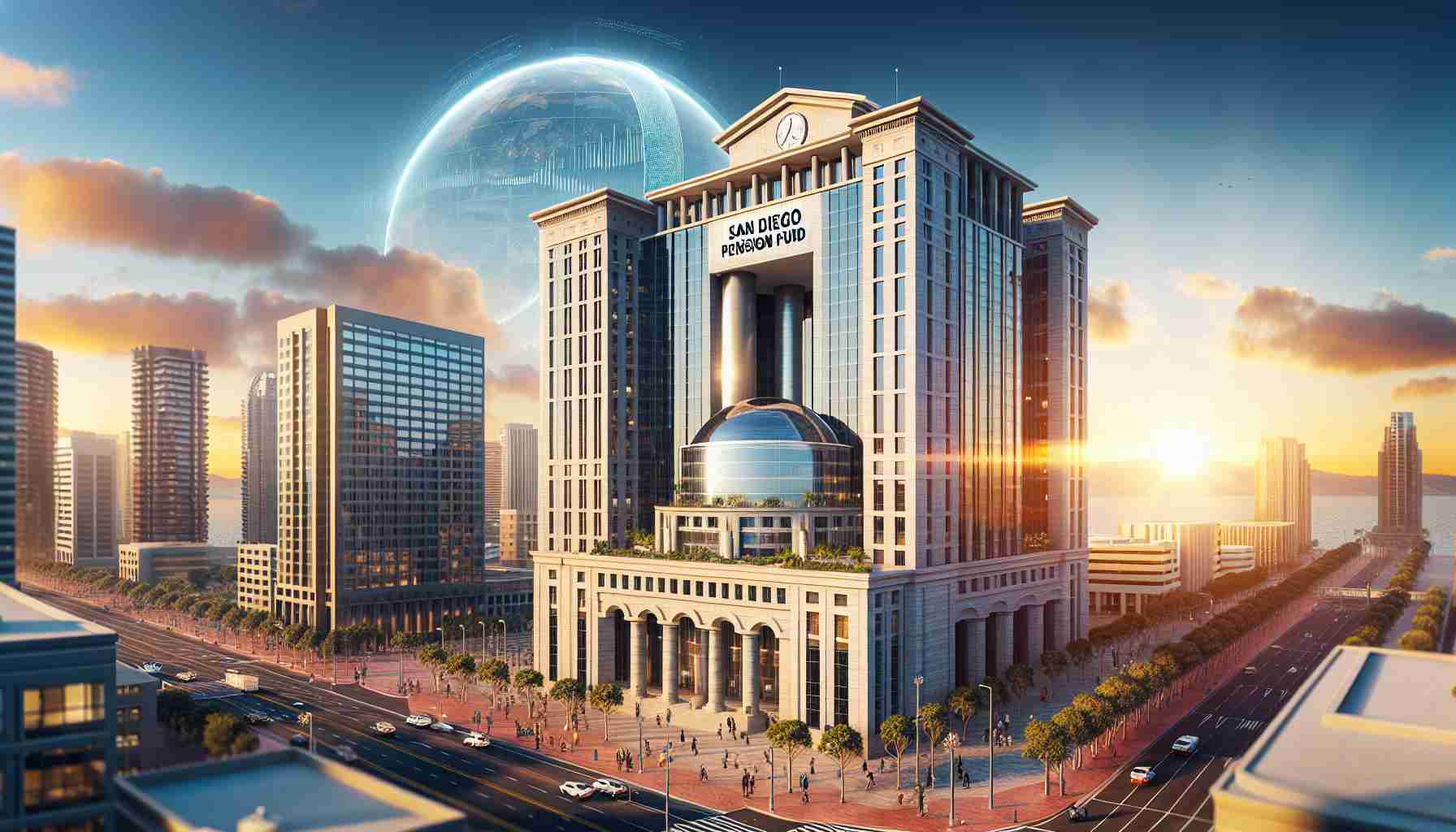 High-definition realistic image of San Diego's Pension Fund building. The architecture is impressive and bold, symbolizing the progressive investment steps the fund is taking. The future holds great promise, indicated by a rising sun in the background. Around the building, there's a bustling city life with people of diverse descents and genders going about their day.