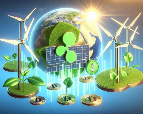 Render a realistic, high-definition picture capturing the concept of a green revolution in the Cryptocurrency world. The focus should be on a symbolic representation of XRP leading the charge. This could potential include renewable energy symbols such as turbines, solar panels juxtaposed with symbols of cryptocurrency such as coin symbols and digital graphs, emphasizing the green (sustainable) aspect of the transformation.