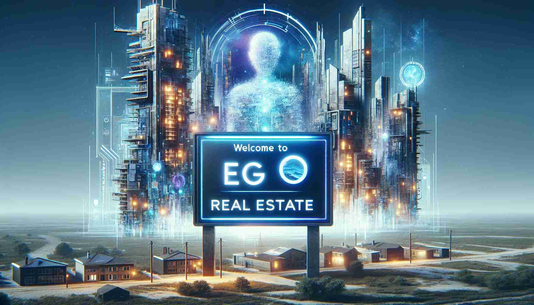 High-definition, realistic imagery of a 'Welcome' sign for Ego Real Estate, a company representing the future of personal digital space. The sign could be digital with futuristic elements, illustrating the advanced nature of the company. Behind the sign, incorporate digitally constructed buildings and landscapes to represent the concept of 'personal digital spaces'. The artwork should exude a futuristic and digital ambience.