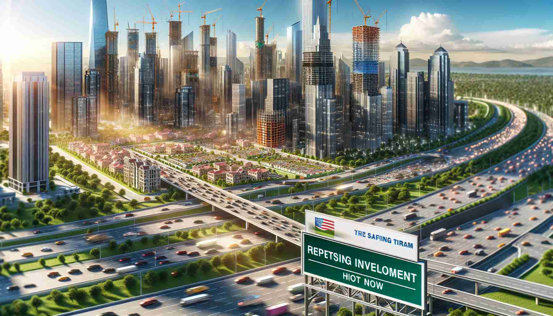 Realistic high-definition illustration of a thriving city with numerous new construction projects underway. In the foreground, a sign for a prominent real estate firm indicates their extensive involvement. Rising skyscrapers, busy construction sites, and a vibrant cityscape reflect the firm's ambitious investments. The image depicts a sunny day and blue skies, symbolizing optimism and growth.