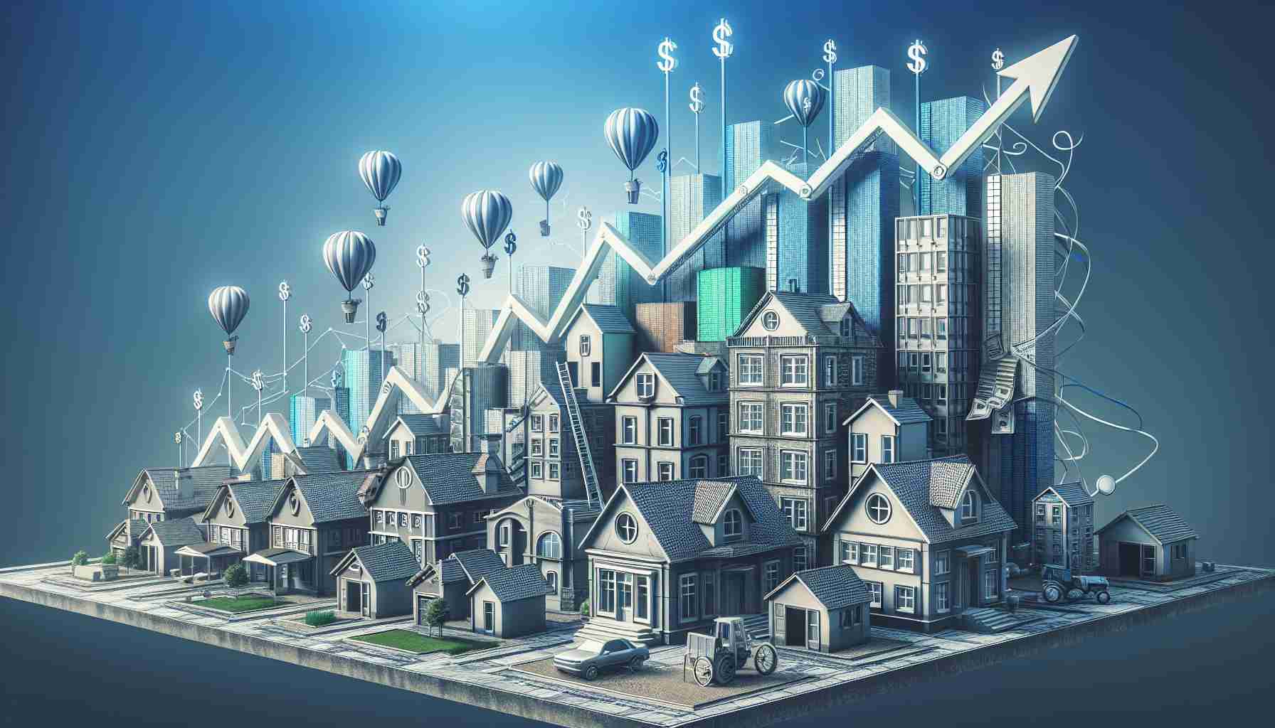 Picture in high-definition real estate growth in a city resembling Racine: Depict multiple houses and buildings of different styles and levels of luxury, indicating a property boom. Illustrate towering price markups represented by metaphoric objects such as ascending ladders, balloons, or charts. Ensure the overall atmosphere showcases immense progression and prosperity.