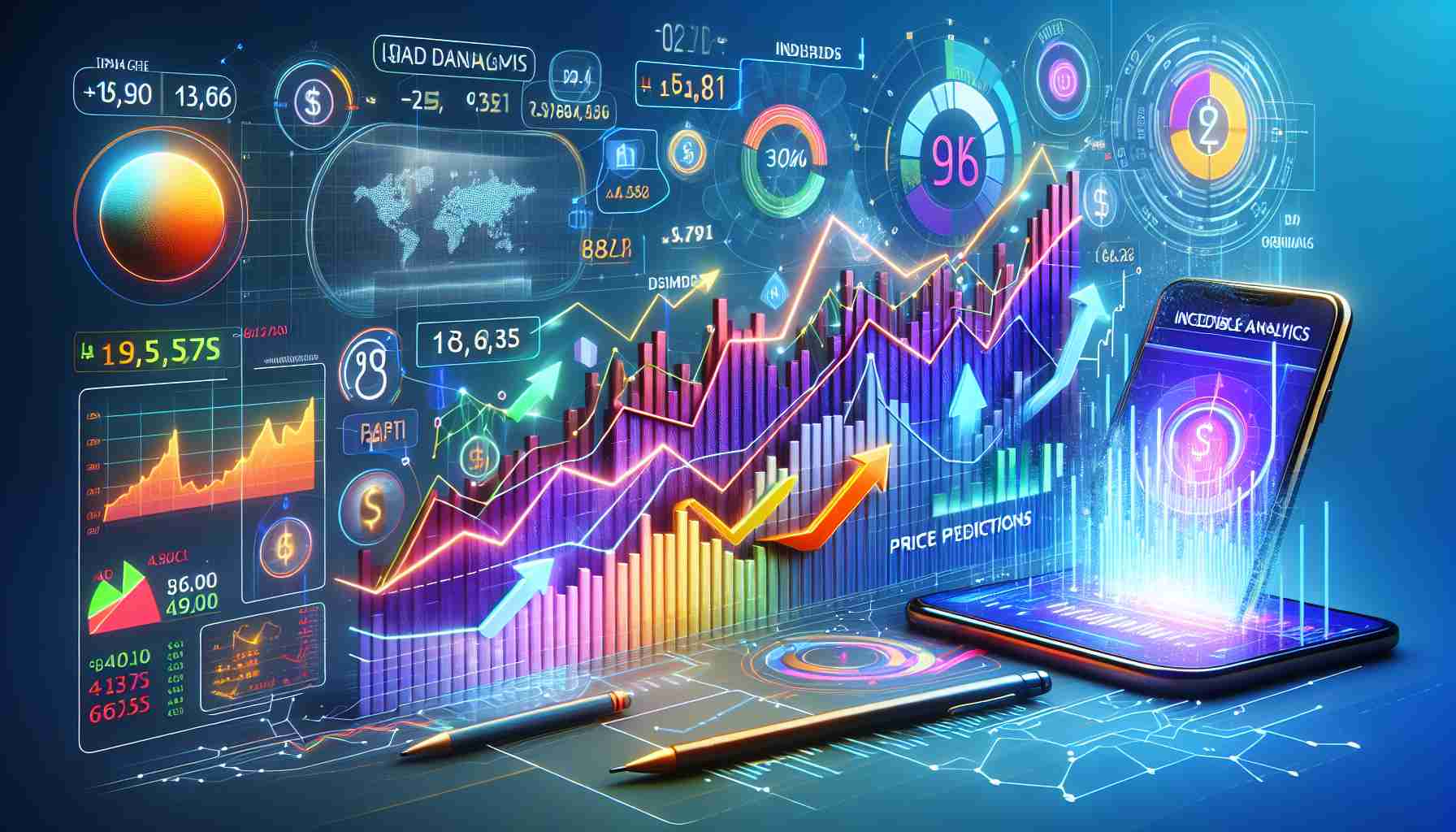 Generate a realistic, high-definition 3D image illustrating the concept of 'Incredible Price Predictions.' The main focus should be on technical analysis charts, index numbers, and diverse upward trending arrows, signifying potential financial growth. To the side, add a depiction of a smartphone with a vibrant app screen, with arrows and charts similar to the ones in the overall image. The app's name should be 'WallitIQ', which may be seen as a promising tool for financial predictions, potentially bringing it to the forefront of technology.