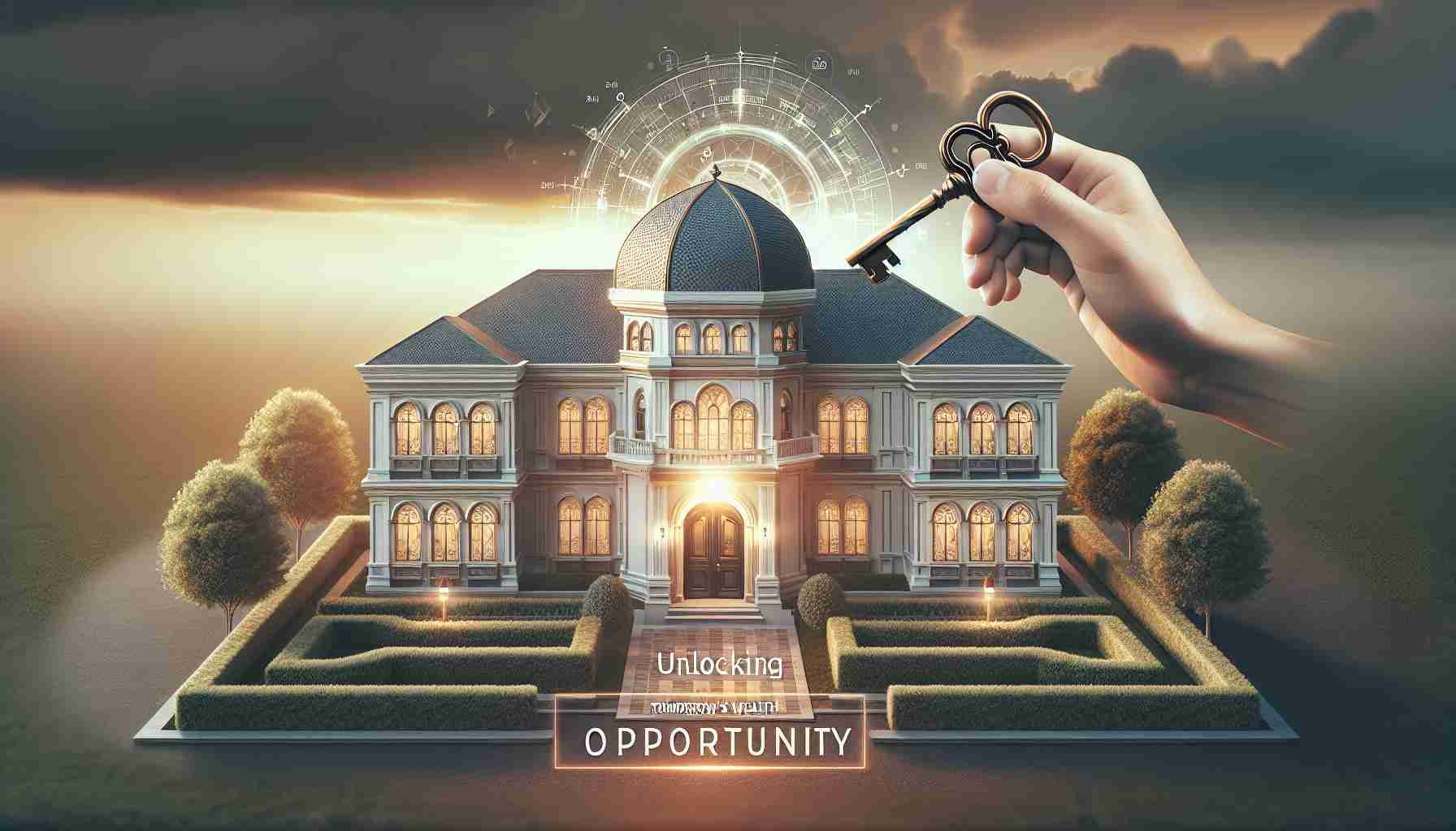 Create a high-definition, realistic illustration symbolic of the concept 'Unlocking Tomorrow's Wealth.' This should prominently feature a grand, well-built structure symbolizing real estate. Showcase the essence of opportunity through this structure; perhaps by highlighting a key or a door being unlocked. The tone should be optimistic and forward-looking. Please also add the text 'Smart Dividend Opportunity' in a professional and attractive design at a suitable location in the image.