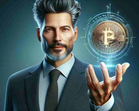 Realistic HD image of a middle-aged man with distinctive hairstyle, presenting a new digital cryptocurrency symbol. The man is dressed in a business suit and exhibits a charismatic demeanor. The digital coin icon, made metallic with futuristic characteristics, can be seen floating above his hand. The question 'Is This the Future of Cryptocurrency?' is superimposed on the image. Please note that the man's image is purely fictional and does not represent any specific individual.