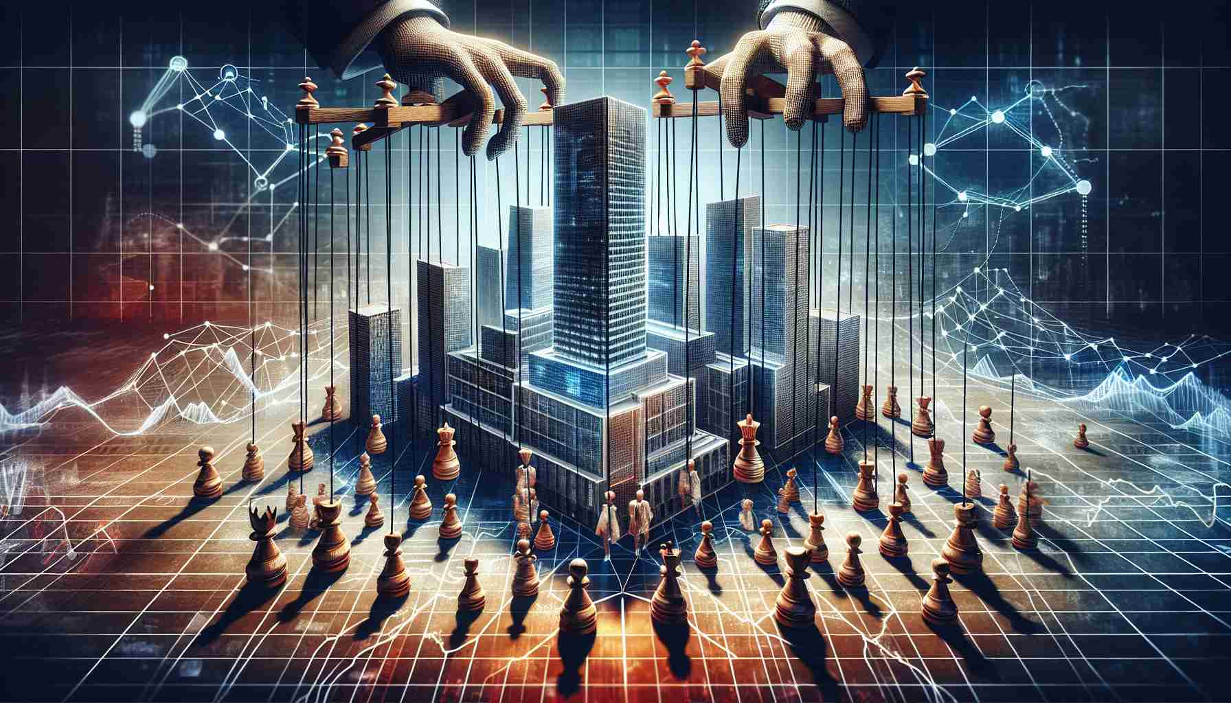 A HD-quality, realistic interpretation of the power dynamics within a commercial real estate investment trust. Depict the abstract concept of 'who holds the reins' with visual metaphors such as pieces on a chessboard, puppet strings, or a corporate ladder. Implicit is the sense of complexity and interconnectedness which defines such environments.