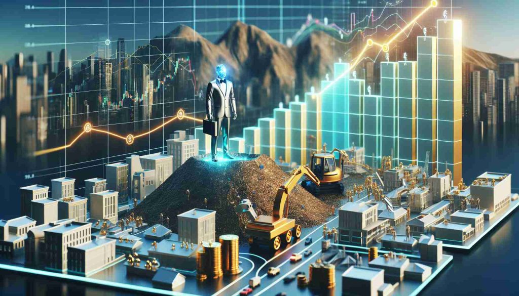 A finely detailed and realistic HD image showcasing a symbolic representation of 'High Dividend Real Estate Stocks: A Future Investment Goldmine?'. The focus of the image should be a graph or chart illustrating growth and prosperity, standing on a goldmine with an AI robot nearby reshaping a miniature landscape model displaying various types of real estate projections. The backdrop can be a futuristic city landscape to signify the future of real estate investments.