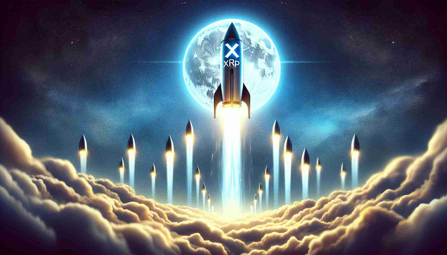 Realistic, high-definition illustration of rockets symbolizing the cryptocurrency XRP rocketing towards the sky, reaching unprecedented heights. The background is filled with a starry night sky and there's a feeling of swift upward movement. The image is meant to embody the recent surge in XRP's value. Also, include an element of uncertainty which is symbolized by a cloudy fog surrounding the peak of the rocket's path, indicating the question of what the future holds for this booming cryptocurrency.