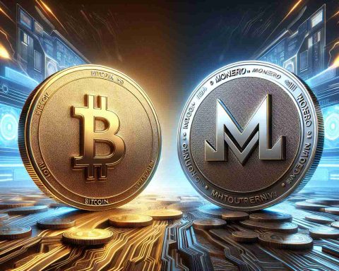 Generate a high-definition, realistic image that symbolizes the battle between Bitcoin and Monero for the future of cryptocurrency. Depict Bitcoin as a golden coin with characteristics of a traditional currency and Monero as a silver coin symbolizing privacy and untraceability. These coins should be facing each other in a tense standoff, with visually striking representations of futurism, blockchain technology, and digital world around them.