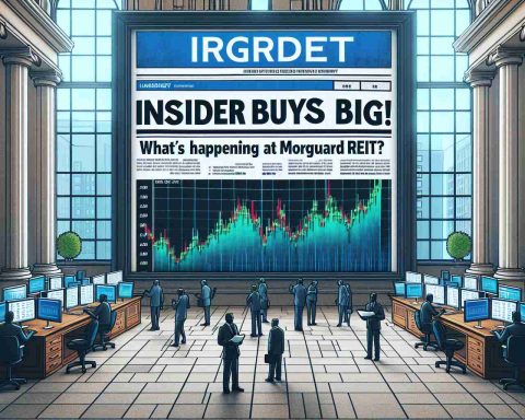 Create a high-definition, reality-based image of a news headline that reads 'Insider Buys Big! What’s Happening at Morguard REIT?' The image should depict the setting of a market scene with stock market charts in the background to indicate trading activities.