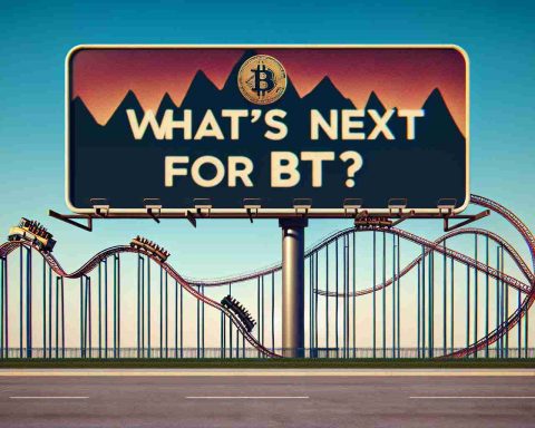 Generate a realistic HD image of an impending roller coaster ride metaphorically representing the ups and downs of Bitcoin's value. The concept around the roller coaster is 'What's next for BTC?'. Add an image of a bold billboard with the text 'What's Next for BTC?' next to the roller coaster.