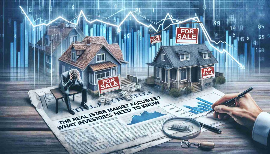 Create a high definition image representing the concept of 'The Real Estate Market Facing Trouble? What Investors Need to Know'. The image may feature a distressed housing market with 'For Sale' signs on numerous properties, downward trending graphs depicting property value, and a worried investor studying the data. There might also be a real estate newspaper in the corner highlighting the prominent headline 'Real Estate Market In Trouble?' All visual elements should be realistic and capture the essence of a struggling real estate market.