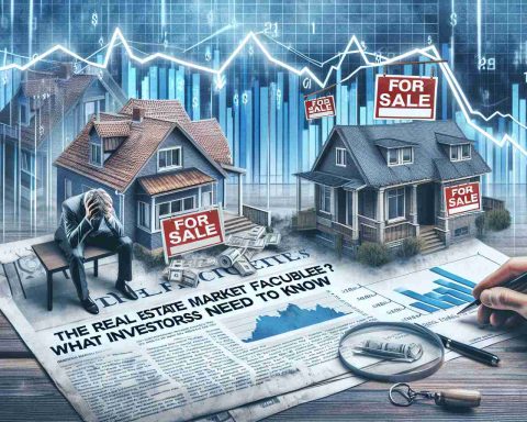 Create a high definition image representing the concept of 'The Real Estate Market Facing Trouble? What Investors Need to Know'. The image may feature a distressed housing market with 'For Sale' signs on numerous properties, downward trending graphs depicting property value, and a worried investor studying the data. There might also be a real estate newspaper in the corner highlighting the prominent headline 'Real Estate Market In Trouble?' All visual elements should be realistic and capture the essence of a struggling real estate market.