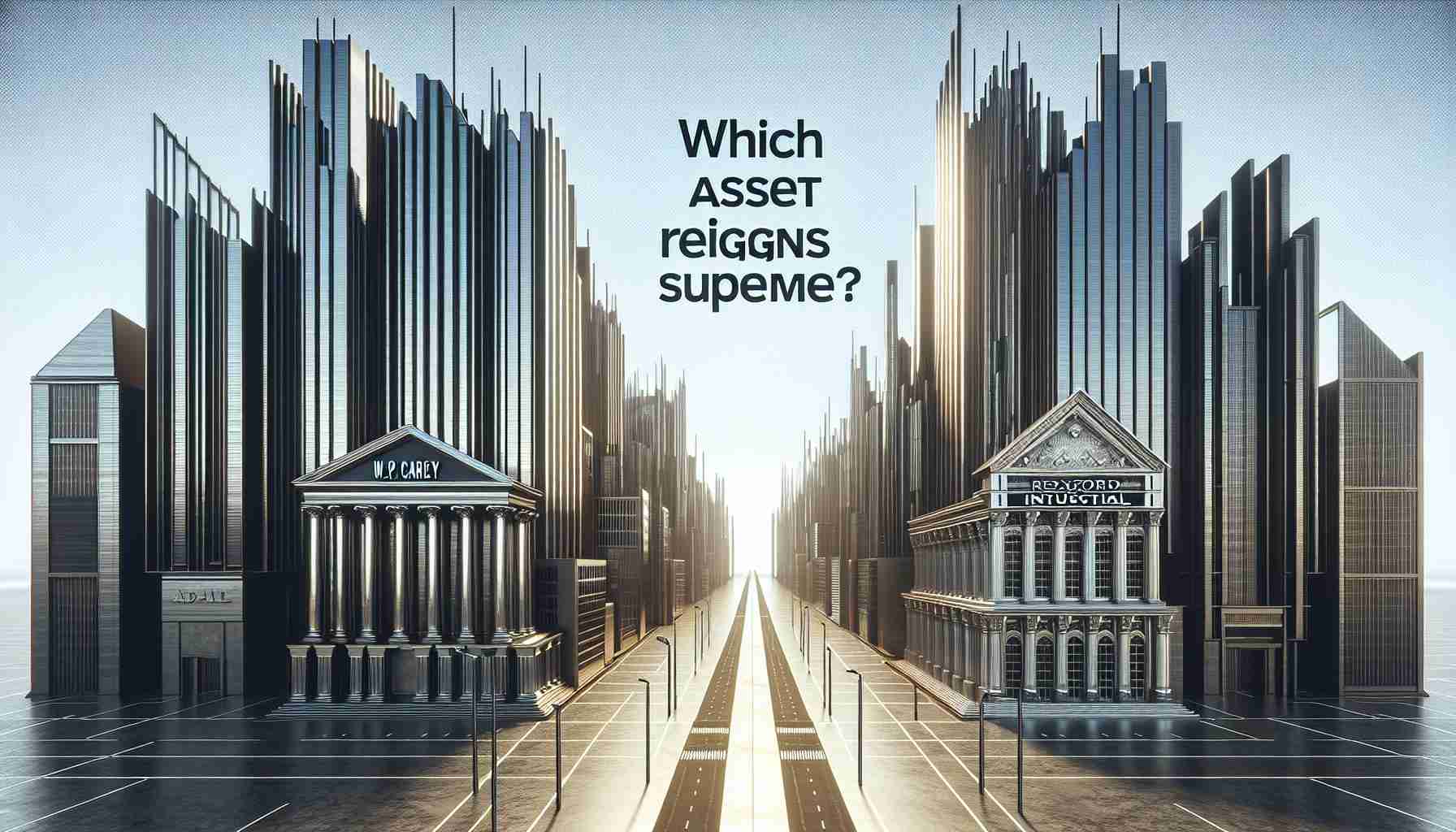 Generate a realistic high-definition image showcasing an abstract competition concept between two financial entities, represented as tall and impressive structures. On one side is a building labeled 'W.P. Carey' - perhaps an imposing edifice of steel and glass, towering with confidence. On the other side is a structure for 'Rexford Industrial', possibly a strong industrial complex with robust architectural features. They are facing each other across a wide street, with the caption 'Which Asset Reigns Supreme?' hovering above, possibly in a dramatic, bold font.