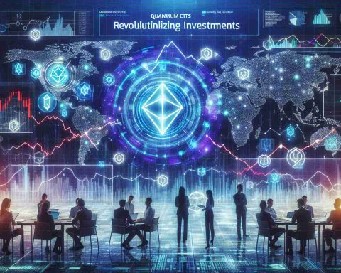 An HD image depicting the concept of 'revolutionizing investments'. It includes visualizations of Quantum (QTUM) ETFs in a way that indicates their potential for reshaping investment portfolios. The visualization could include diverse people studying graphs, charts that indicate growth and fluctuation, and symbolic digital elements representing QTUM.