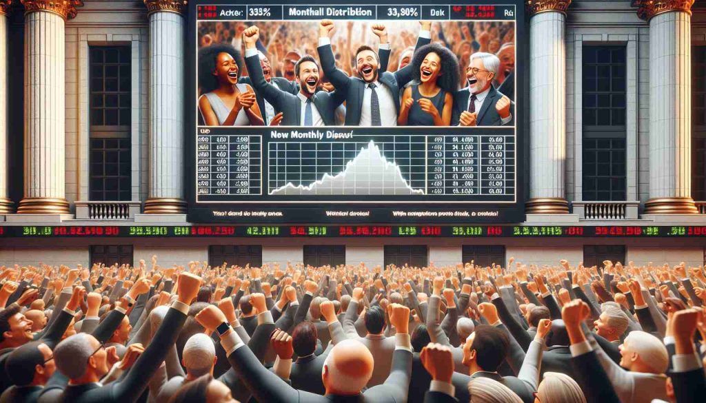 Generate a realistic, high-definition image of a joyful scene among investors, perhaps within a stock exchange. Display a large screen announcing the 'New Monthly Distribution'. The crowd should consist of people from various descents such as Caucasian, Hispanic, Black, Middle-Eastern, and South Asian both male and female. Show their elated expressions and some raising their fists in celebration.