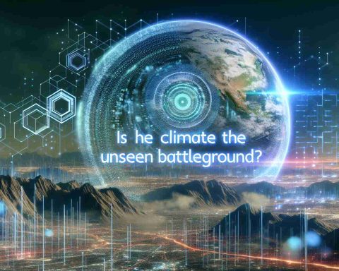 Generate a realistic HD photo illustrating the concept of 'Qubetics and the Next Frontier'. Perhaps the foreground could feature a futuristic landscape symbolic of the 'Next Frontier', while in the background, subtle visualizations of Qubetics could subtly weave in and out of the environment. Overlaying this image, a rhetorical question 'Is the Climate the Unseen Battleground?' could appear.