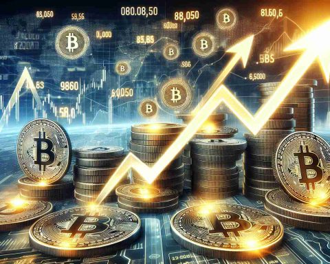 A high definition graphic representation of cryptocurrency prices surging upwards. Several coins representing new cryptocurrencies are depicted prominently, creating large ripples in the virtual market. The graphic should be realistic in nature.