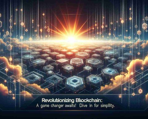 Create a detailed and realistic HD image showcasing the revolutionary potential of blockchain technology. Picture a simplified visual representation of the complex blockchain network, possibly signified through interconnected nodes and cryptographic blocks. Evoke a sense of imminent change and anticipation, perhaps through light beams breaking through clouds or a sunrise over a digital landscape. Include the phrase 'Revolutionizing Blockchain: A Game Changer Awaits! Dive In for Simplicity' prominently displayed in an inviting and modernized font.