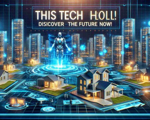 A high-definition, realistically styled image portraying the future of real estate technology. The image may include futuristic buildings managed by artificial intelligence, virtual property tours projected through holograms, and agents using high-tech devices for transaction purposes. A bold headline could accompany this scene reading, 'This Tech Will Change Real Estate! Discover the Future Now'. The overall atmosphere should evoke a sense of wonder, innovation, and excitement.