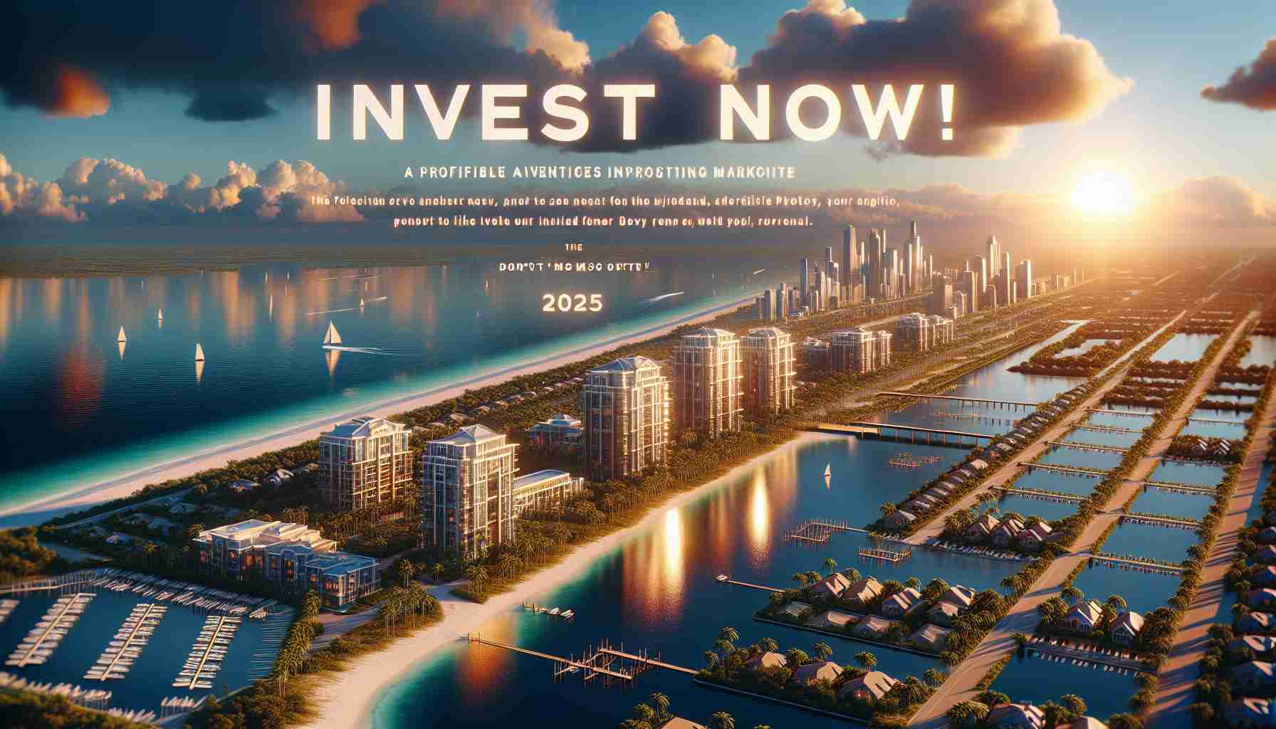 A lifelike, high-definition image showcasing a compelling real estate opportunity in the year 2025. It emphasizes the profitable advantages of investing in Florida's scenic landscapes, attractive properties, and booming market. The design speaks of urgency, incorporating phrases like 'Invest now!' and 'Don't miss out!' The backdrop includes gleaming sunsets over clear blue seas, sandy beachfront properties, and vibrant urban areas, exemplifying the lucrative potential of Florida's diverse real estate.