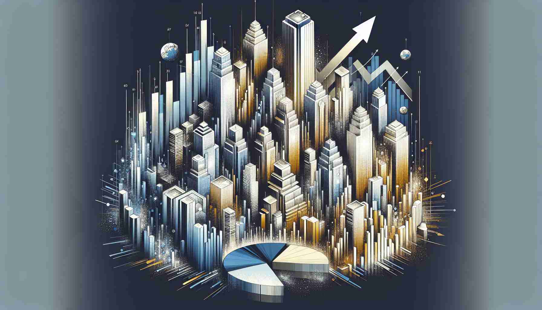 A detailed, high-definition illustration signifying major luxury real estate expansion. This should depict an abstract, futuristic cityscape of skyscrapers, luxury condos and commercial spaces in the U.S. and Greece. The style should be modern and sleek with a feel of luxury and prosperity. Also incorporate a relevant symbolic representation to suggest the theme 'Big Moves Ahead', such as a forward arrow or a rising graph. The colors should evoke wealth, with shades of gold, silver and crystal blue.