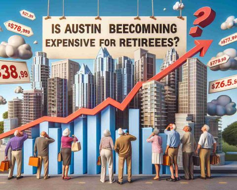 A high-definition, realistic image representing the concept of rising living costs in Austin for retirees. The image should capture elements like price tags on common goods, upscale buildings or rental signs showcasing high prices which signify inflating costs. It can also include anxious retirees, a diverse mix of ethnicities and genders, looking at these escalating prices. A banner in the sky could be included, reading 'Is Austin Becoming Too Expensive for Retirees?' and a chart showing the upward trend of costs over time might be present.