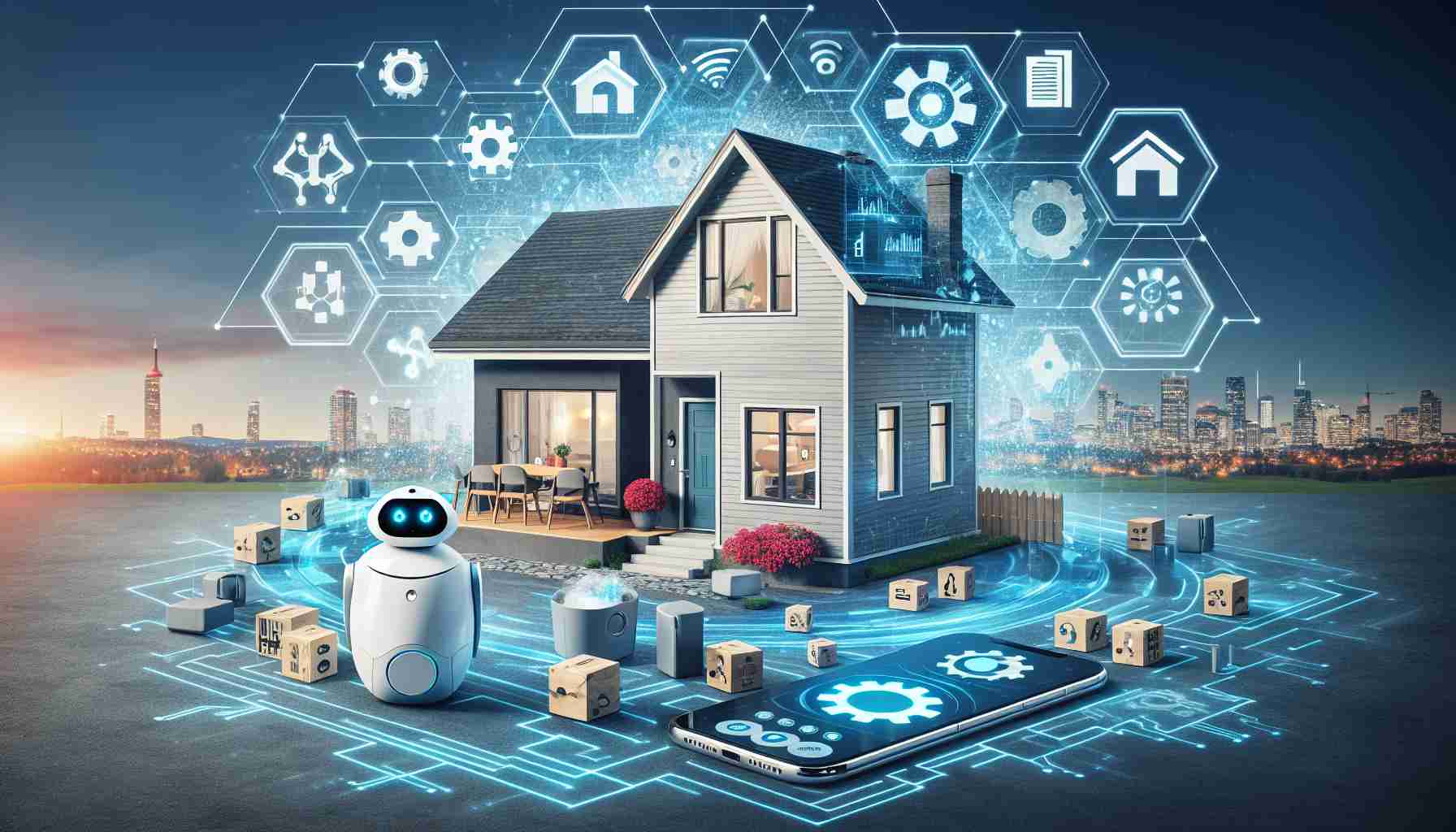 Create a realistic, high-definition image representing the disruption of the Canadian real estate market by artificial intelligence. Focus on the concept of smart homes as the future. The image could include futuristic smart home technology, such as advanced touchscreens controlling various aspects of the house, autonomous cleaning robots, or energy-efficient systems, set against a backdrop of traditional Canadian houses or skyline, and symbolic imagery indicating change or disruption, such as gears or a shifting puzzle piece.