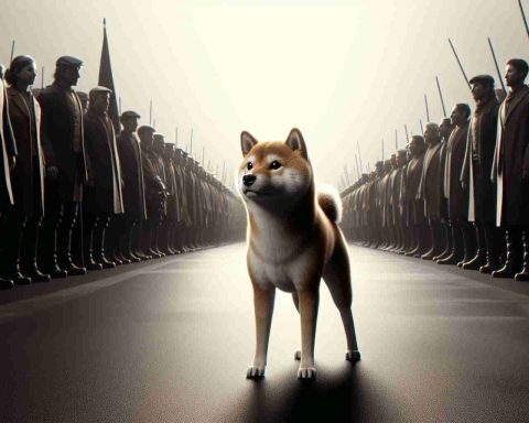 Realistic, high-definition image of a quiet and peaceful revolution. A Shiba Inu dog is facing an unexpected challenge, looking curiously at something unseen. The scene is captured in high contrast, showcasing the dog's alert stance and the sense of tension present.