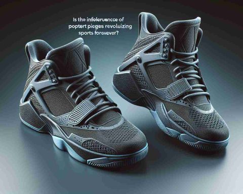 A realistic high-definition image of a pair of virtual sneakers, yet to be released for public wear. Please depict them as high-tech, cutting-edge athletic wear. Add a text nearby reading 'Is the influence of prominent sports figures revolutionizing sports forever?'