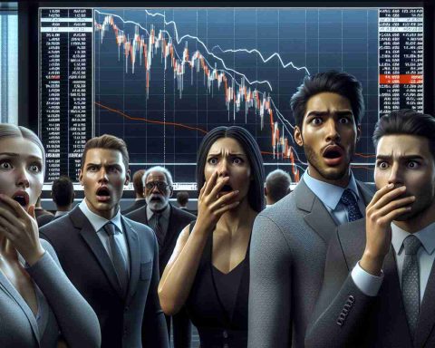 A high-definition, realistic image depicting a stock market scene displaying shocking financial results. There are investors of various descents and genders, including a Caucasian female, a Black male, and an Asian male, observing the situation very closely. Their faces express surprise, tension and concern. The large screen in the background displays dramatic drops in graphs and figures, representing significant financial changes.