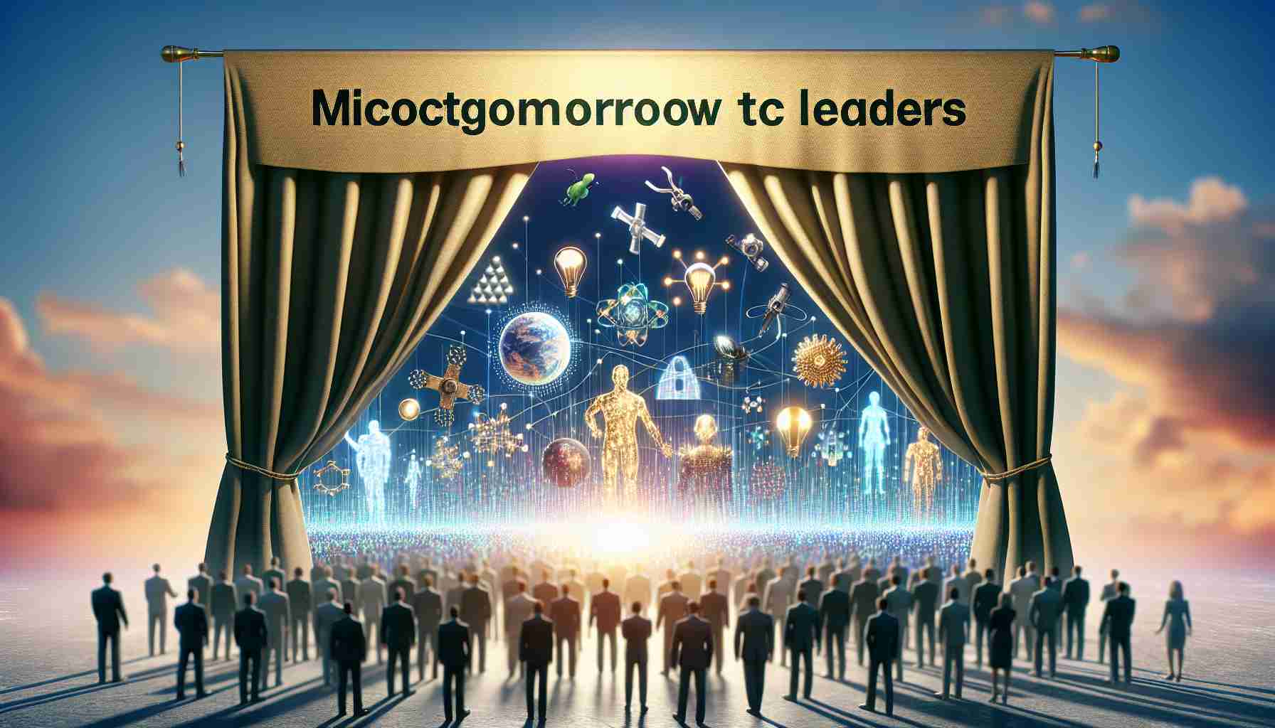 Realistic HD image of a symbolic unveiling of tomorrow's tech leaders. This can include a grand curtain being drawn to reveal figures representing various fields of technology. Could also include representation of a future shaped by advanced technologies like Artificial Intelligence, Machine Learning, Robotics, and so on. Interpret 'MicroStrategy' as a general concept of strategic approach in technological advancement, shaping the future.