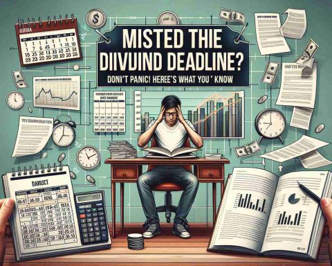 Create a high-definition realistic image with the text 'Missed the Dividend Deadline? Don’t Panic! Here’s What You Need to Know' featured prominently. Surround this text with elements symbolizing financial stress, such as a calendar marked heavily around a specific date, documents scattered across a desk, a stressed individual with a calculator, and on the other side, elements of relief and financial knowledge such as a book on investing, a peaceful individual reading said book, and a stable growth graph chart.