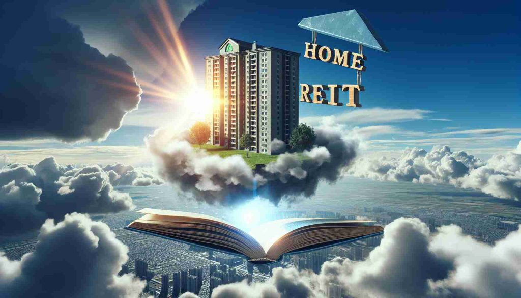 A highly detailed and realistic image in HD quality showcasing the concept of a Home Reit soaring to new heights. This should have a visual representation of a residential building floating or rising in the sky, surrounded by clouds and perhaps with a sunbeam indicating progress and achievement. A well-crafted emblem or logo that says 'Home Reit' should be incorporated, floating near the building. The imagery should depict hope, growth, and promise. The picture should also include a symbolic representation of 'knowledge' and 'insight', such as an open book, representing the need to know things now.