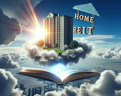 A highly detailed and realistic image in HD quality showcasing the concept of a Home Reit soaring to new heights. This should have a visual representation of a residential building floating or rising in the sky, surrounded by clouds and perhaps with a sunbeam indicating progress and achievement. A well-crafted emblem or logo that says 'Home Reit' should be incorporated, floating near the building. The imagery should depict hope, growth, and promise. The picture should also include a symbolic representation of 'knowledge' and 'insight', such as an open book, representing the need to know things now.