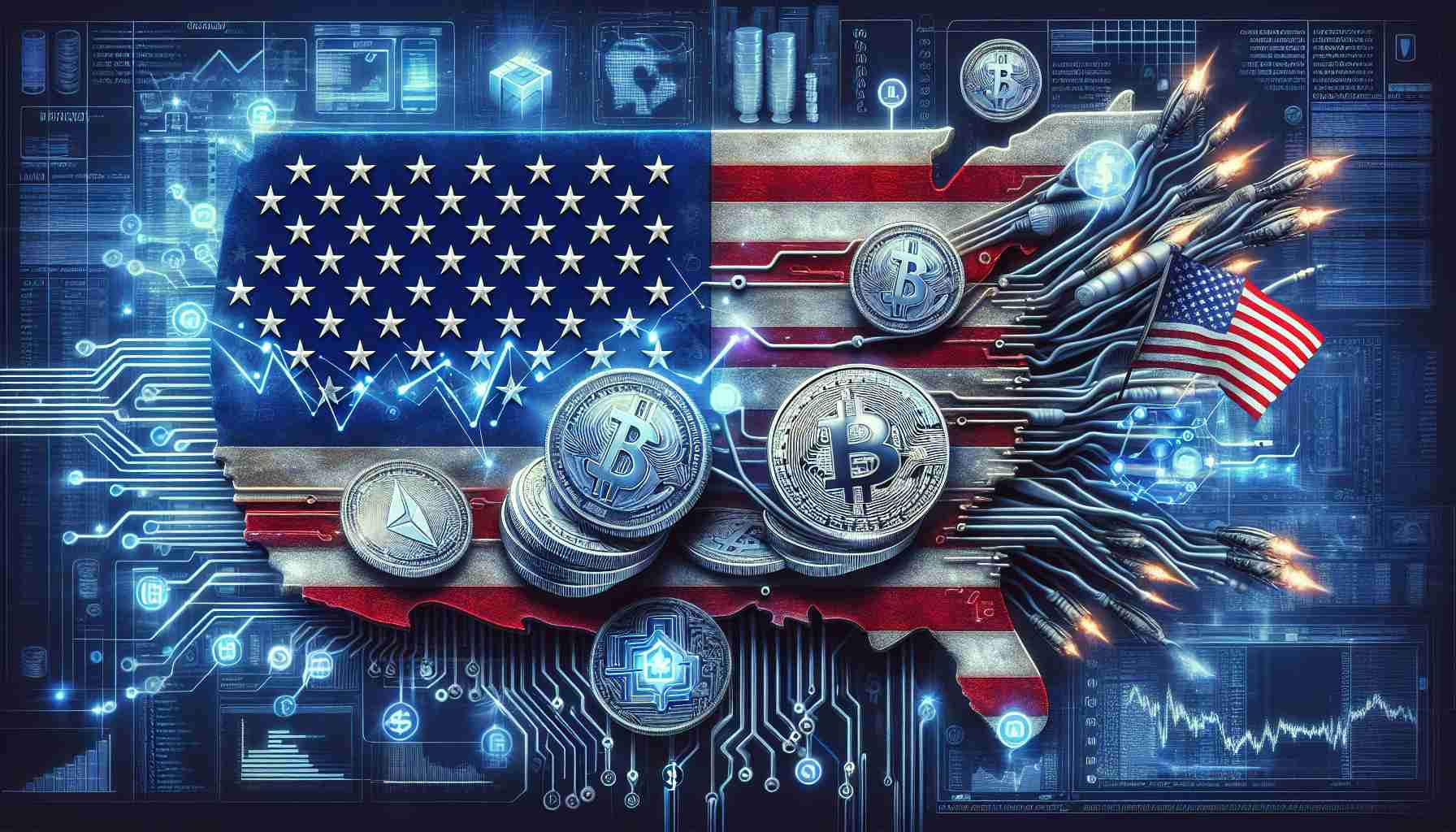 A highly-detailed, realistic image representing the concept of a 'game changer' for cryptocurrency in the United States. It includes symbolic elements such as digital icons, digital coins marked with a dollar sign, futuristic technology interfaces, and perhaps a graphical representation of financial charts. Intertwined with these elements may be traditional American symbols of growth and revolution. Please make all these elements appear harmonious, signifying a successful integration of the old with the new.