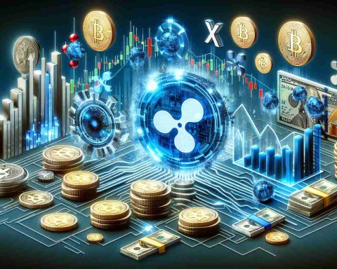 Realistically detailed HD concept of the transformational impact of XRP on the financial system, juxtaposing traditional and futuristic elements. This concept could include various symbols of finance such as traditional currency, banks, and stock market charts, against symbols of XRP and other cryptocurrencies. It signifies the shift away from traditional finance systems, and Bitcoin is given lesser importance in this depiction.