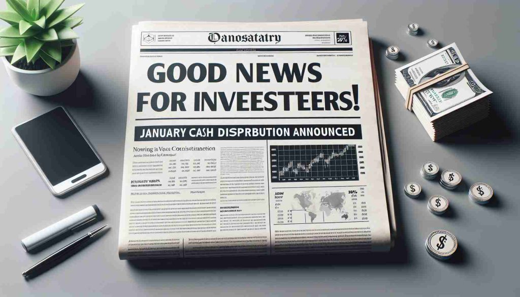 A realistic, high-definition image of a newspaper or newsletter headline. The headline reads, 'Good News for Investors! January Cash Distribution Announced.' This should be located on the upper half part of the arrangement on the stationary. The overall tone of the image implies positivity and financial prosperity. There may be indications of stock market diagrams, infographics, or related symbols in a well-balanced composition. Please include some visual elements related to finance, such as dollar or percentage symbols.