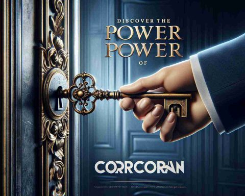 Realistic high-definition image of a hand turning a large, ornate key in the lock of an elegant door, symbolizing the unlocking of real estate secrets. With text that reads, 'Discover the Power of Corcoran' in a bold, striking font.